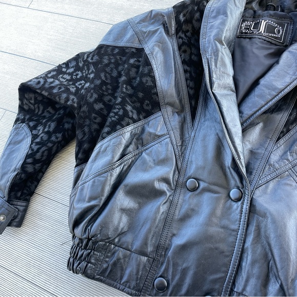Rare Women’s Euro Mond Black Leather Jacket Boxy Bomber Leopard 80s Shoulder Pad - Picture 5 of 6